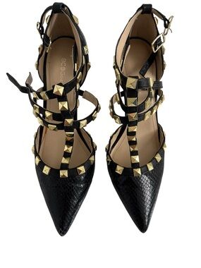 BCBG Black Pointed-Toe Strappy Heels with Gold Studs